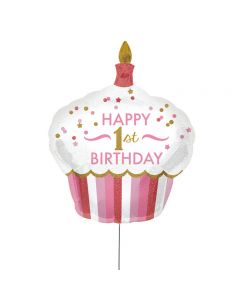 XXL Ballon in Cupcake Form mit 'Happy 1st Birthday' Aufschrift in rosa mit goldenen Details