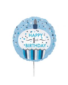 Ballon mit 'Happy 1st Birthday' Aufschrift in blau mit goldenen Details