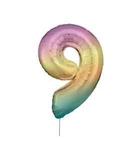 Grosse Zahl 9 Regenbogen Pastel Folienballon N34 verpackt 33 cm x 86 cm
