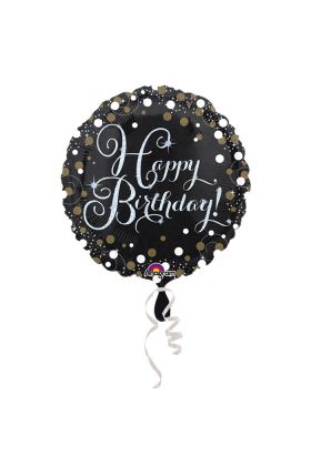 Ballon mit 'Happy Birthday' Aufschrift in schwarz mit metallischen Effekten
