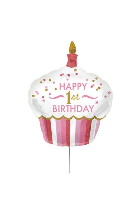 XXL Ballon in Cupcake Form mit 'Happy 1st Birthday' Aufschrift in rosa mit goldenen Details