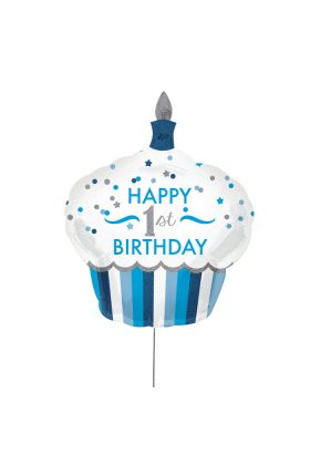 XXL Ballon in Cupcake Form mit 'Happy 1st Birthday' Aufschrift in blau mit goldenen Details
