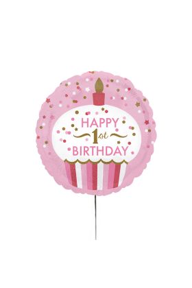 Ballon mit 'Happy 1st Birthday' Aufschrift in rosa mit goldenen Details
