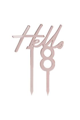 Cake Topper 'Hello 18' in metallic rosé gold