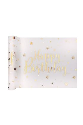 Tischläufer 'Happy Birthday' in weiß mit goldenen Details