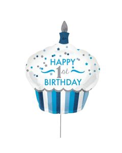 XXL Ballon in Cupcake Form mit 'Happy 1st Birthday' Aufschrift in blau mit goldenen Details