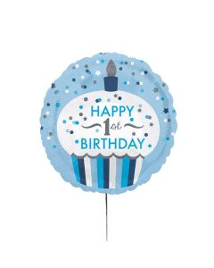 Ballon mit 'Happy 1st Birthday' Aufschrift in blau mit goldenen Details