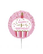 Standard "1st Birthday Cupcake - Mädchen" Folienballon rund, Hologr. S55, 43 cm